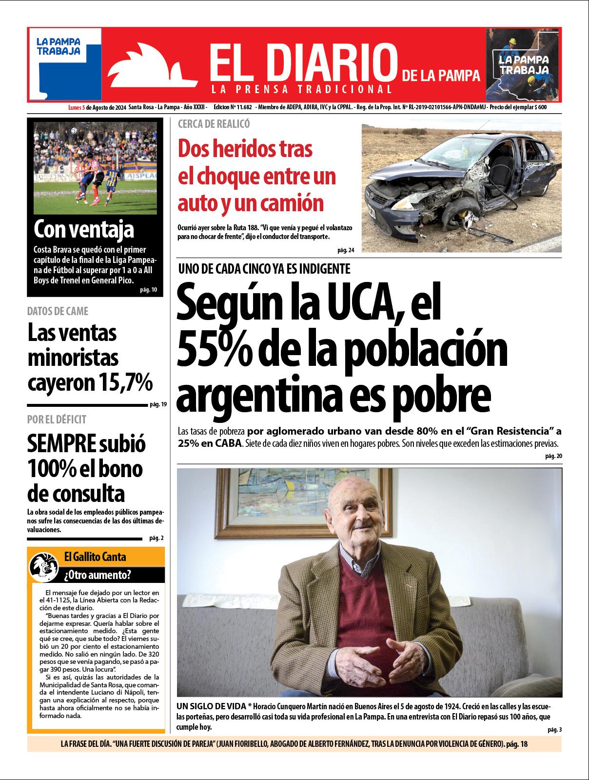 Tapa de El Diario en papel  lunes 05 de agosto de 2024